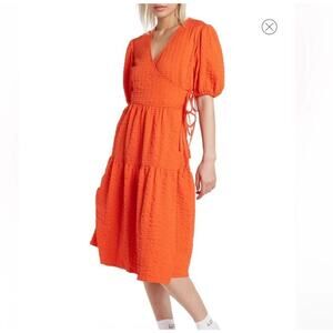 Topshop‎ Seersucker Wrap Midi Dress Womens 14 Orange V Neck Short Puff Sleeve